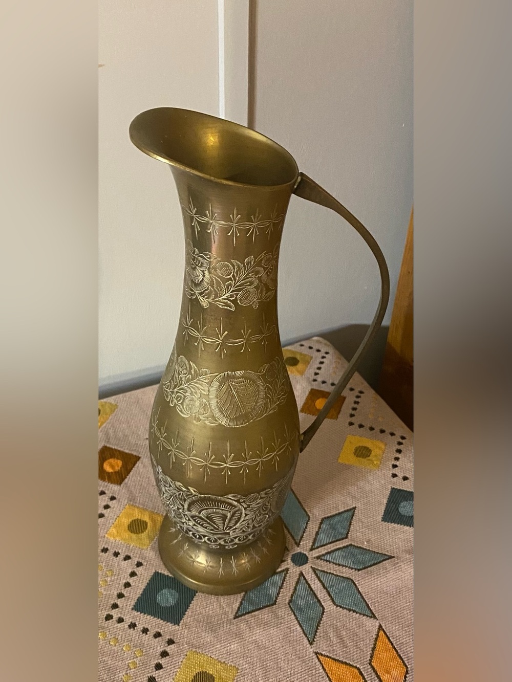 Vintage Indian Etched Brass Pitcher Regal
Boho Decanter Vase